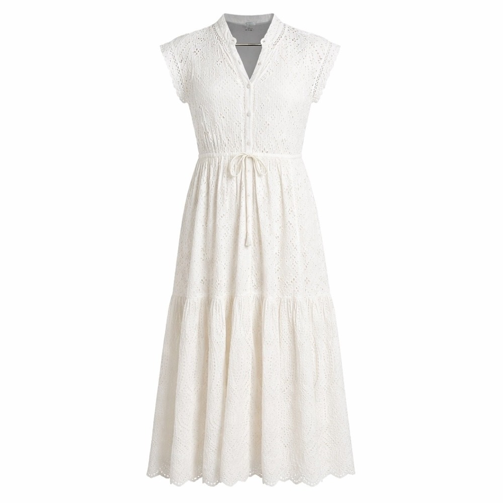 Sundance White Eyelet Cotton Midi Dress‎ Button Front Drawstring Waist XS